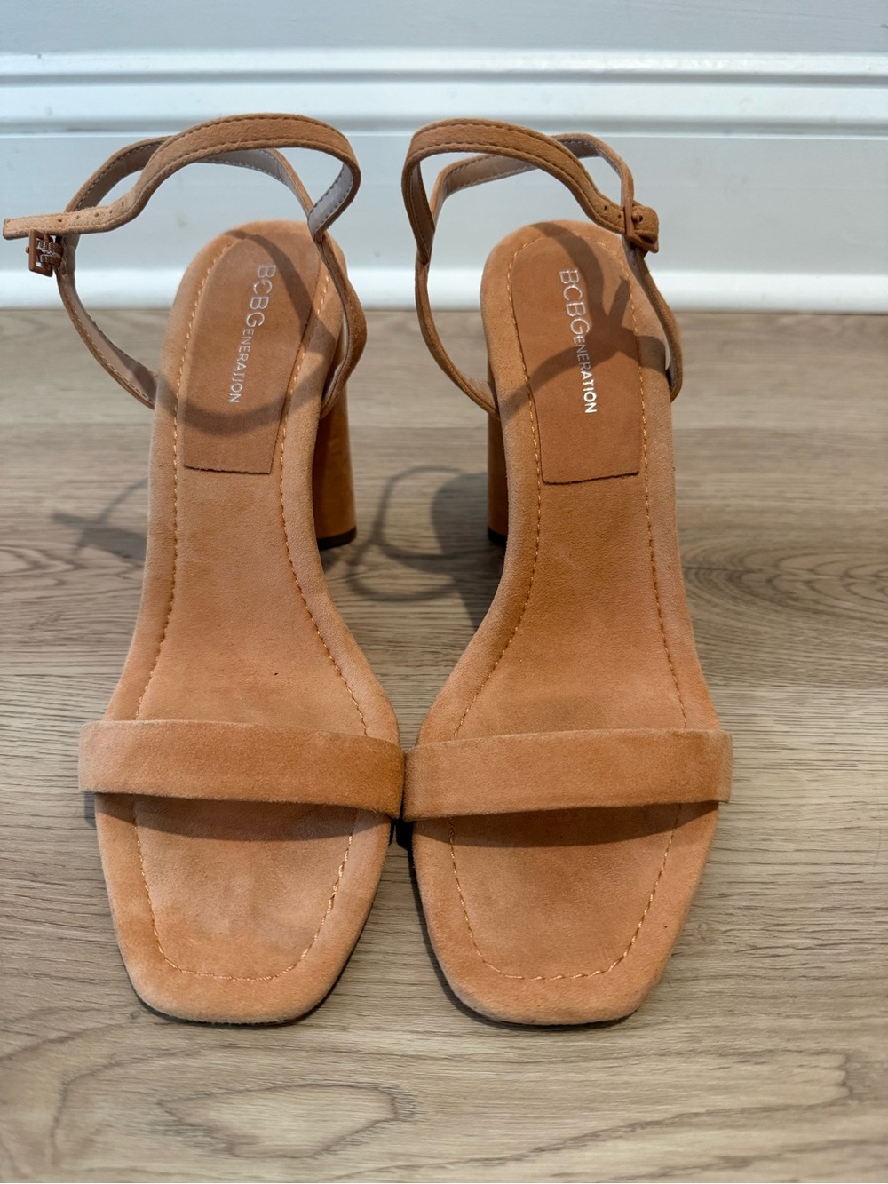 BCBGeneration Cognac Suede Ankle-Strap Block Heels